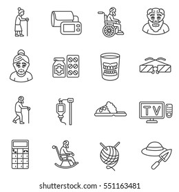 Old age icons set. Old man, thin line design. Grandparents, linear symbols collection. isolated vector illustration