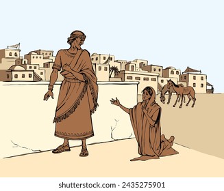 Old age jew kneel slave female die prayer cry beg pray God bible city village story hand draw biblic art. East sad rich unjust male Arab look rural social crisis stress deny refuse give hope debt eat
