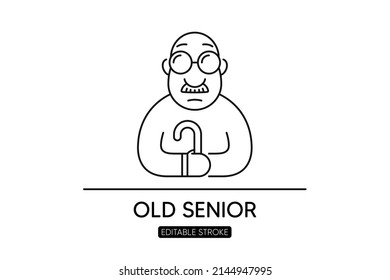 Old Age Man Line Icon. Retiree Or Pensioner Person. Senior Grandparent With Cane Stick. Adult Grandfather Avatar. Senior Old Man Line Icon For Web. Grandpa With Glasses And Mustache. Vector
