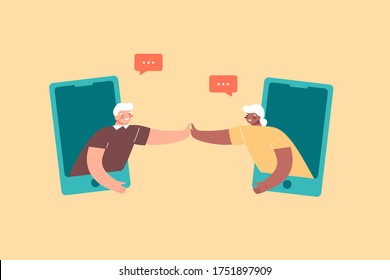 Old age man and woman chatting, speaking via smartphone, mobile device. Online meeting, video call concept. Flat vector illustration in cartoon style.