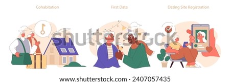 Old age marriage set. Excited senior couple. Elderly people dating and building a family. Old characters lifetime companionship and support. Flat vector illustration