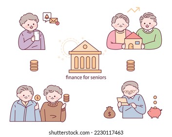 Old age money management. Grandpa and Grandma are saving money in the bank. outline simple vector illustration.