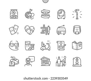 Old age. Nursing home. Older people. Last will. Crossword, domino, knitting and other. Pixel Perfect Vector Thin Line Icons. Simple Minimal Pictogram