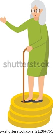 Old Age Pension Concept, senior citizen holding stick and standing on coin stack Vector Icon Design, Economic Assistance Symbol, Unemployment Benefits Sign, Unconditional Income stock illustration