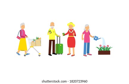 Old Age Pensioner People Characters Engaged in Daily Activity Vector Illustration Set