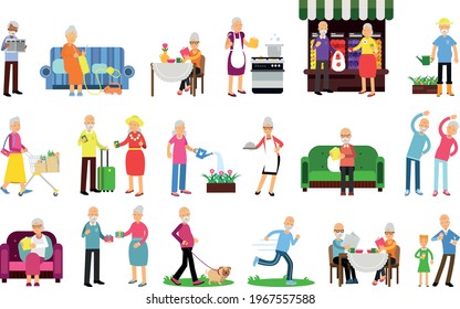 Old Age Pensioner People Characters Engaged In Daily Activity Vector Illustration Set