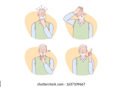 Old age, thinking, idea, silence, relief set concept. Happy old man got idea. Pensive grandad thinks about problem. Pensioner feels relief. Old age man asks for keeping silence. Simple flat vector