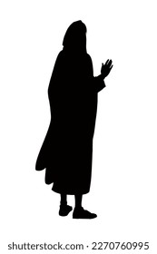 Old age white human faith hope monk priest arm up sign icon preach praise god retro Saudi male Jew guy veil style. Dark black hand draw Asia Moses believe robe tunic cloak cape dress cloth rear view