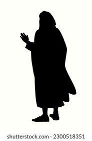 Old age white human faith hope monk priest arm up sign icon preach praise god retro Saudi male Jew guy veil style. Dark black hand draw Asia Moses believe robe tunic cloak cape dress cloth rear view