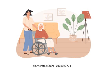 Old age woman living in senior house. Home care services for elderly people. Residential care facility. Volunteer worker taking care of elderly person on wheelchair. Vector illustration.