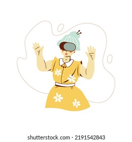  Old age woman playing with virtual reality glasses. Scared positive aged person. Vector illustration for postcard, banner, web, advertising, article, design. 