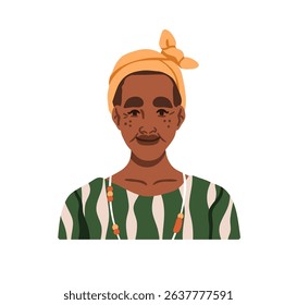 Old aged African-American woman portrait. Elderly female in traditional headwrap, beads, smiling friendly. Senior older character, face avatar. Flat vector illustration isolated on white background