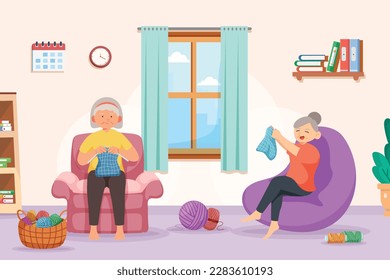 Old aged doing kniting work at home,hobby of senior in cartoon character.