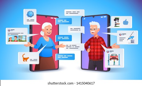 Old Aged Family Couple Man & Woman Communication Using Smart Phone Video Call. Elderly People Talking, Chatting, Messaging, Gossiping On Social Network Topics. Flat Vector Character Illustration