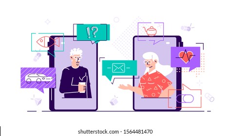 Old aged family couple man & woman communication using smart phone video call. Elderly people talking, chatting, messaging, gossiping on social network topics. Flat style vector character illustration