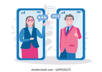Old aged family couple  in mobile phone, old woman and man communication using smartphone video call. Vector illustration for web banner, infographics, mobile. 