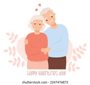 Old, aged man and woman cute elderly couple in love. Card Happy Valentines Day. Vector Flat cartoon style illustration. Holiday concept happy grandpa and grandma. love and longevity .