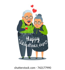 Old, aged man and woman funny couple in love. Card design Valentine's Day. Flat cartoon style illustration. Give presents, share gifts. Handwritten inscription Happy Valentines Day. Vector isolated.