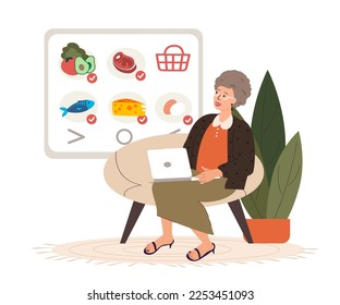 Old Aged Pensioner,Grandparent Lady Shopping Online.Consumer Retired woman buy Food,Meal products,choosing on the smartphone screen.Internet Market.Buy at Home.Purchase Goods.Flat Vector Illustration