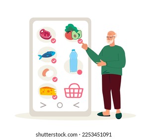 Pensionista de la tercera edad, abuelo comprando en línea.Consumidor jubilado compra comida, productos de comidas, eligiendo en la pantalla del smartphone. Mercado de Internet.Comprar en casa.Comprar artículos. Ilustración de vectores planos