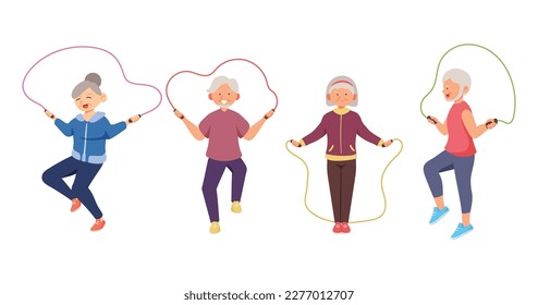 Old aged people doing exercise in cartoon character,isolated on white background