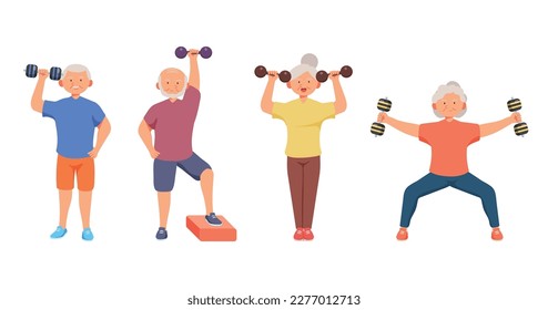 Old aged people doing exercise in cartoon character,isolated on white background