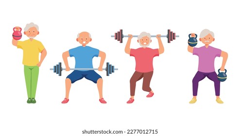 Old aged people doing exercise in cartoon character,isolated on white background