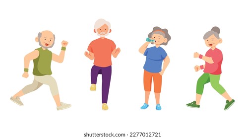 Old aged people doing exercise in cartoon character,isolated on white background