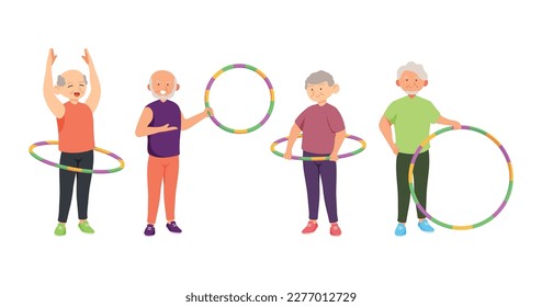 Old aged people doing exercise in cartoon character,isolated on white background