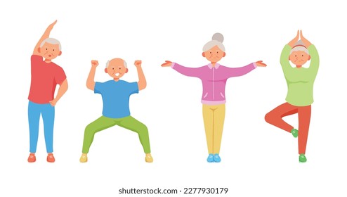 Old aged people doing Yoga exercise in cartoon character,isolated on white background