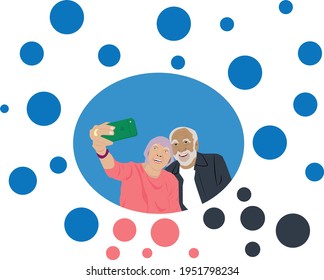 Old aged retired couple looking at camera, recording funny mobile video or making selfie shot, communicating distantly with family, having fun on weekend at home with colorful bubbles Illustration