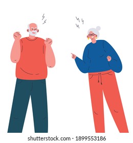 Old aggressive man and woman parents yelling and quarrel. The psychological concept of family quarrel, conflict and misunderstanding. Vector illustration on white background. 
