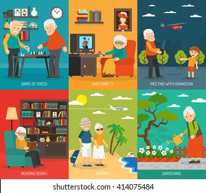 Old Aging People Quality Life 6 Flat Icons Composition  With  Traveling And Hobbies Abstract Isolated Vector Illustration