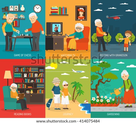 Old aging people quality life 6 flat icons composition  with  traveling and hobbies abstract isolated vector illustration