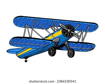 Old airplane biplane engraving sketch style hand drawn color vector illustration. Scratch board style imitation. Hand drawn image.