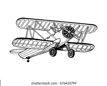 Old airplane biplane vector illustration. Scratch board style imitation. Hand drawn image.