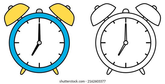 Old alarm clock. Coloring book page for children. Colored and outline alarm clock vector illustration isolated on white background.