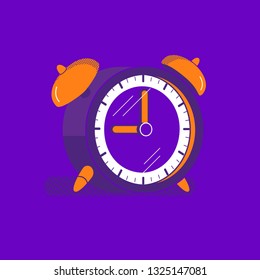 Old Alarm clock flat hand drawn vector icon. Timing watch for morning alarm cute symbol. Round shape bell timer with ringing signal stopwatch retro minimalist cartoon. Bold vibrant color illustration
