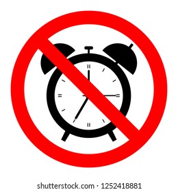 old alarm clock, linear symbol with outline. Not allowed, black object in red warning sign, simple icon on white background