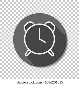 old alarm clock, simple icon, linear symbol with thin outline. White flat icon with long shadow in circle on transparent background. Badge or sticker style