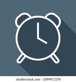 old alarm clock, simple icon, linear symbol with thin outline. White flat icon with long shadow on background
