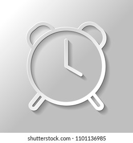 old alarm clock, simple icon, linear symbol with thin outline. Paper style with shadow on gray background