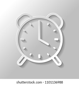 old alarm clock, simple icon, linear symbol with thin outline. Paper style with shadow on gray background
