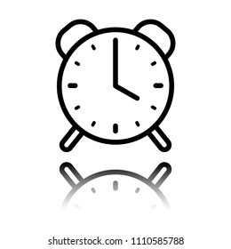 old alarm clock, simple icon, linear symbol with thin outline. Black icon with mirror reflection on white background
