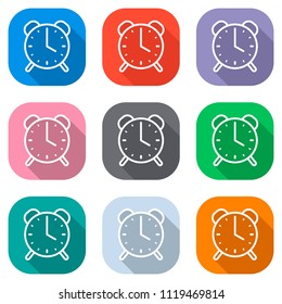old alarm clock, simple icon, linear symbol with thin outline. Set of white icons on colored squares for applications. Seamless and pattern for poster