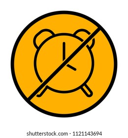 old alarm clock, simple icon, linear symbol with thin outline. not allowed, black object in warning sign with orange background color