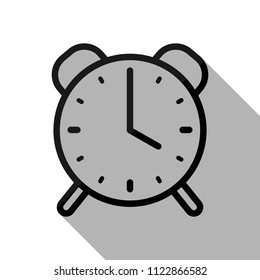 old alarm clock, simple icon, linear symbol with thin outline. Black object with long shadow on white background