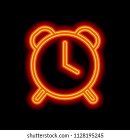 old alarm clock, simple icon, linear symbol with thin outline. Orange neon style on black background. Light icon