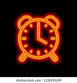 old alarm clock, simple icon, linear symbol with thin outline. Orange neon style on black background. Light icon