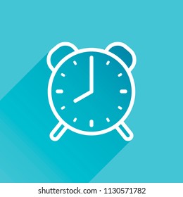 old alarm clock, simple icon, linear symbol with thin outline. Gray icon with long shadow in bottom left corner on blue background
